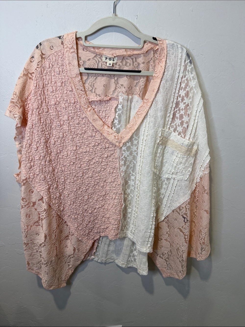 POL Mixed Lace Patchwork V-Neck Tunic in Blush & Cream